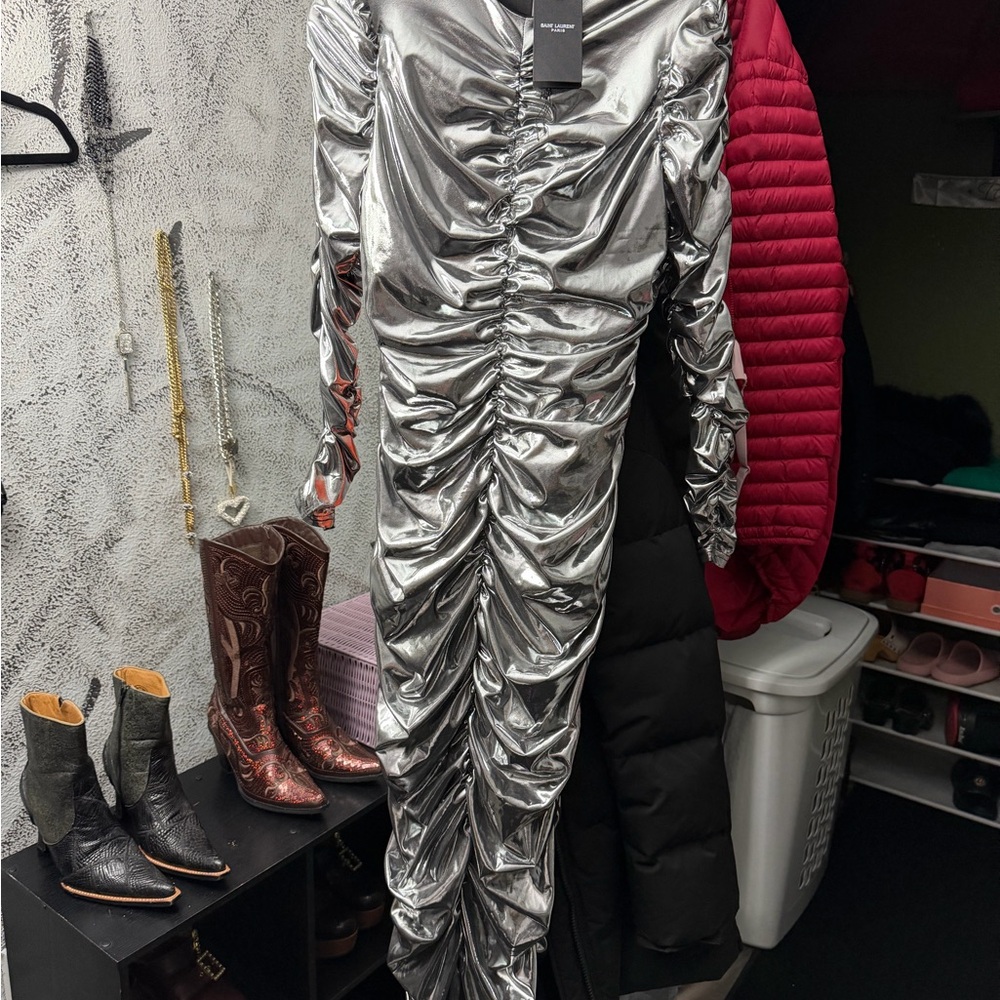 Saint Laurent Metallic Silver Ruched Jumpsuit
